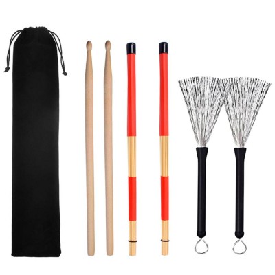 1 Pair 5A Drum Sticks Classic Maple Wood Drumsticks Set 1 Pair Drum Wire Brushes Retractable Drum Stick Brush and 1 Pair Rods Dr