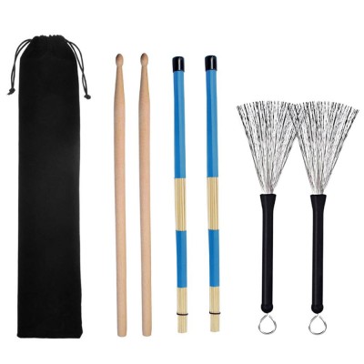 1 Pair 5A Drum Sticks Classic Maple Wood Drumsticks Set 1 Pair Drum Wire Brushes Retractable Drum Stick Brush and 1 Pair Rods Dr